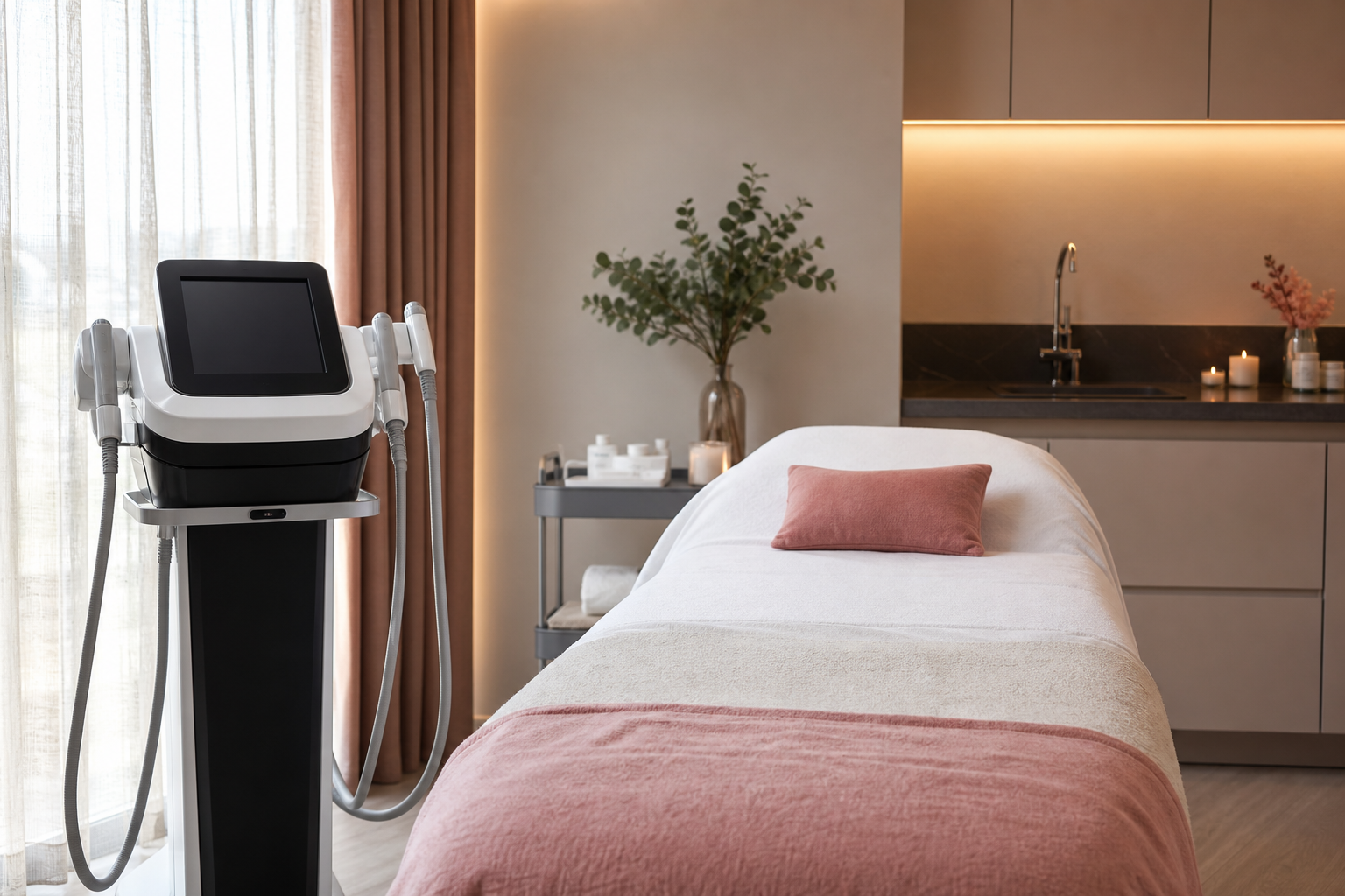 A calm, clinical-yet-warm spa treatment room at Nu Day Spa — a body-contouring device on a stand beside a clean treatment bed with white/neutral linens, soft daylight, subtle plant, no visible faces. Angle: wide, eye-level, showing the professional e