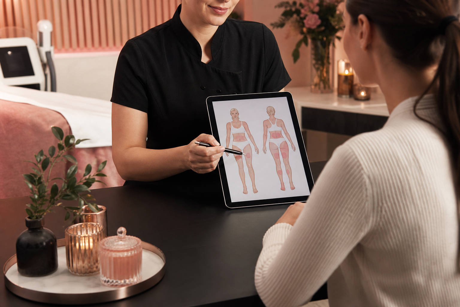 Consultation/assessment scene — a specialist in professional attire reviewing a body-map/treatment plan on a tablet or paper with a client at a clean desk in a warm, professional spa setting; trust-building, faces optional/soft-focus.