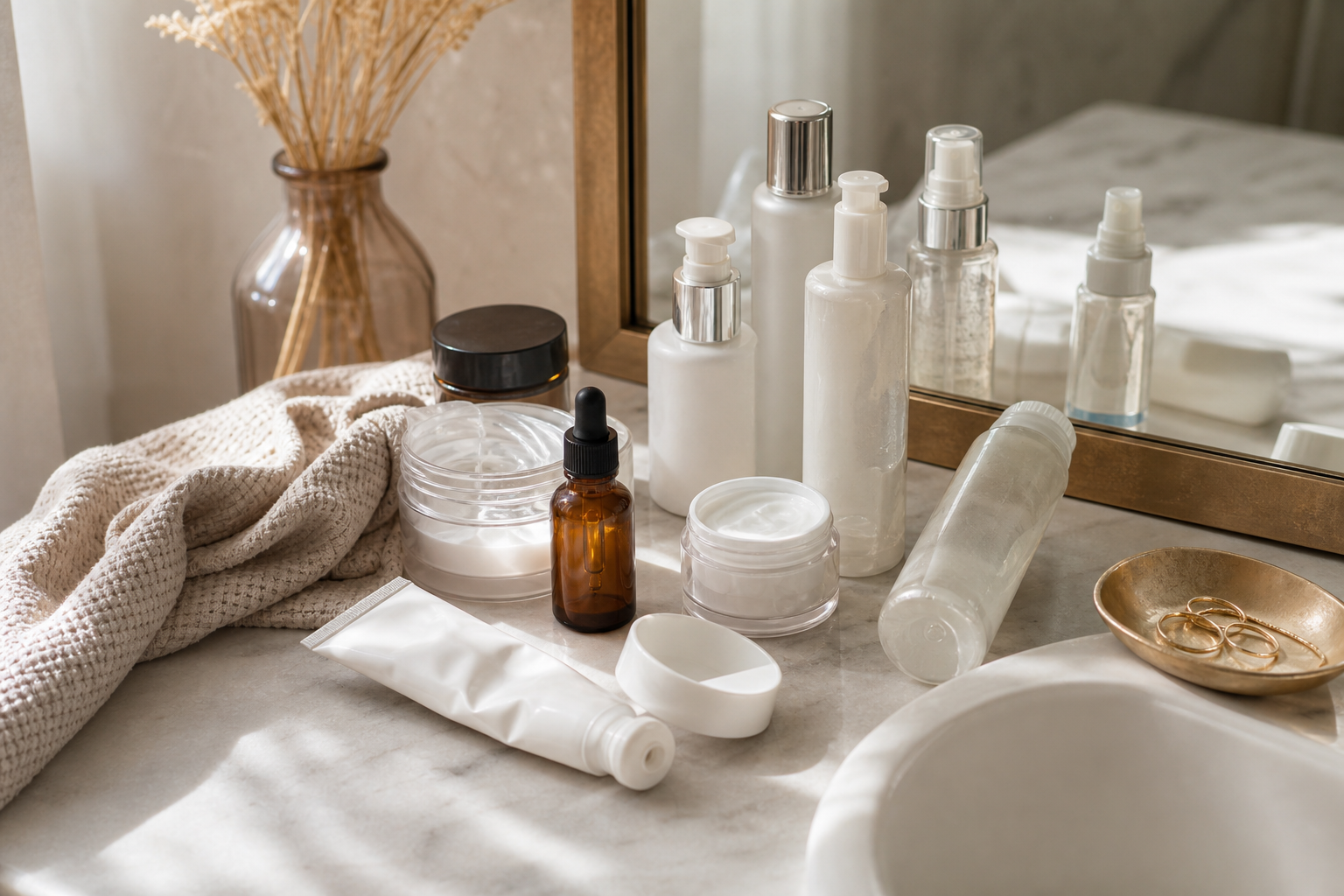 A calm, softly lit bathroom-counter scene from a slightly overhead angle — a cluster of half-used skincare bottles and jars beside a mirror, one bottle tipped over, natural morning light. Conveys "tried everything" fatigue without showing a