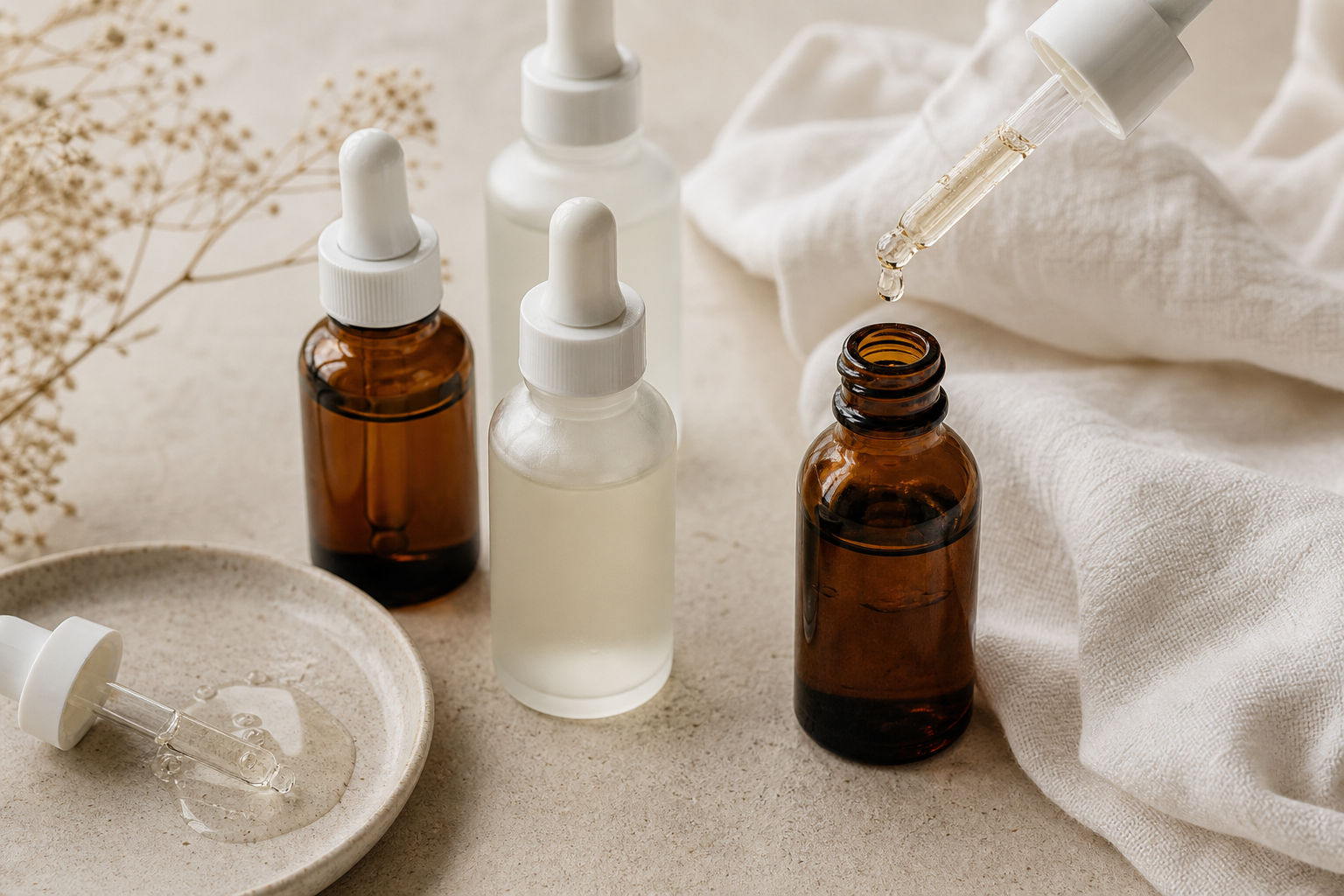 Clean, minimal flat-lay on a neutral surface — several amber and frosted-glass dropper serum bottles, one dropper mid-drip showing serum texture, a folded white cloth. Clinical, calm aesthetic. No readable labels or brand claims.