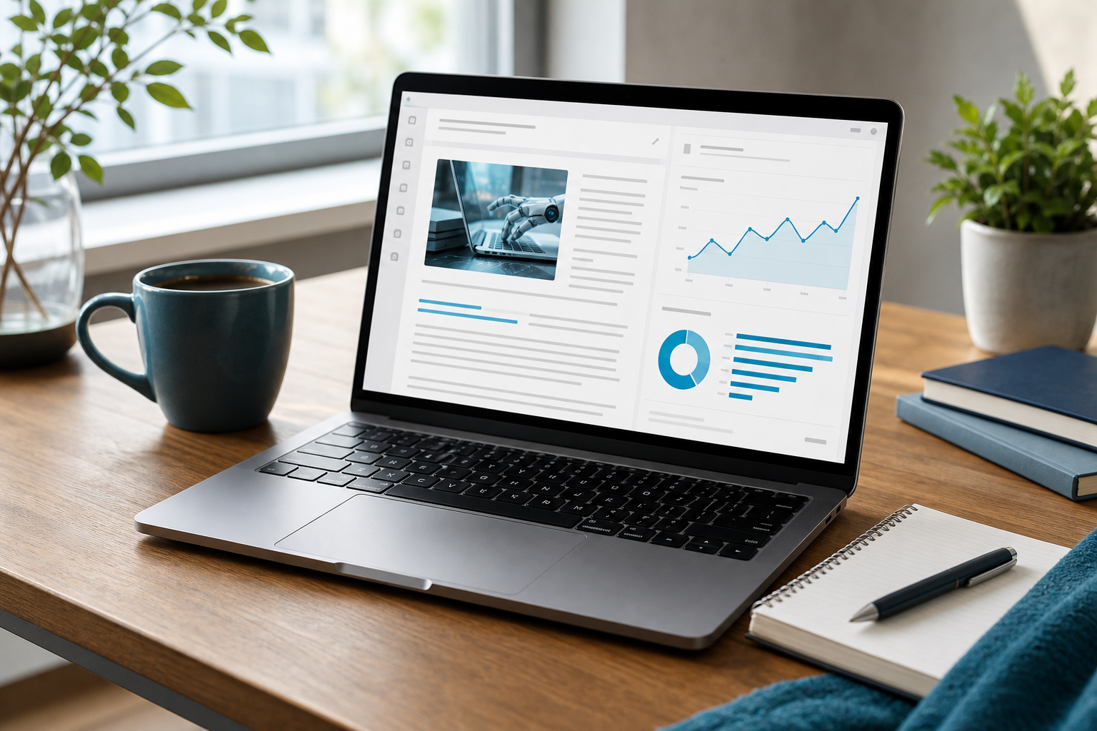 A modern workspace shot from a slight overhead angle — a laptop open to a content dashboard/analytics screen showing an article and a traffic graph, coffee cup, notebook to the side, natural window light. Clean, professional, aspirational-but-realist