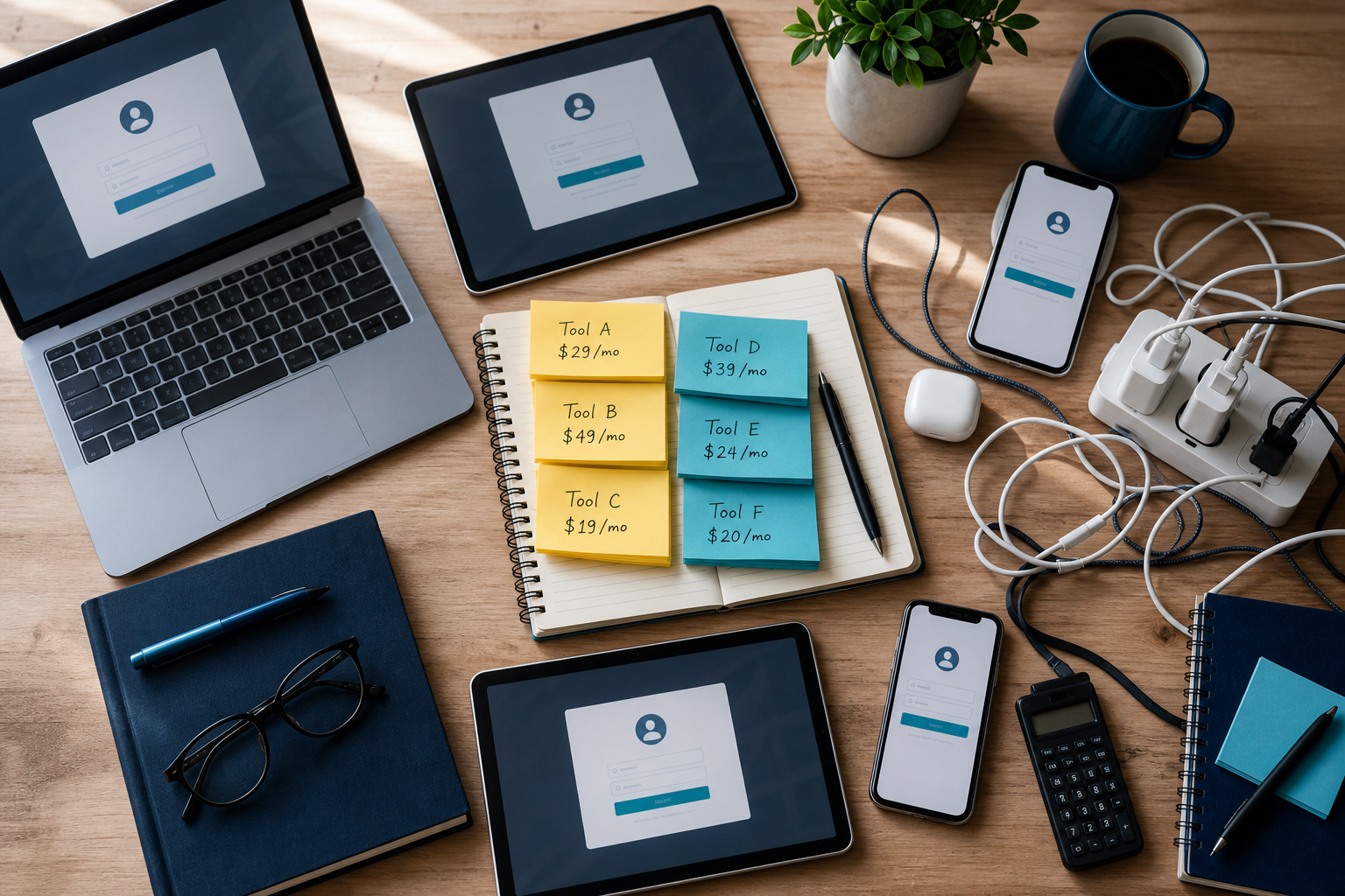 Overhead flat-lay of a cluttered desk — several devices/screens showing different app login pages, a stack of sticky notes with tool names and prices, tangled charging cables, a calculator. Visually communicates subscription sprawl and cost overwhelm