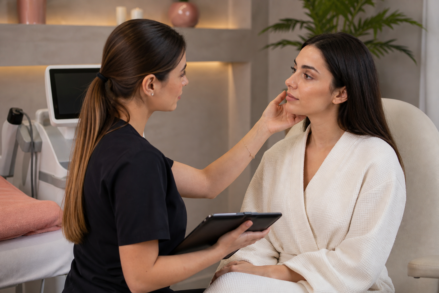 Seans öncesi konsültasyon anı — uzman, danışanın cildine/kıl yapısına bakarak analiz yapıyor, tablet/dosya üzerinde kişiselleştirilmiş plan not alıyor. Warm, professional, danışan-uzman güven ilişkisi.