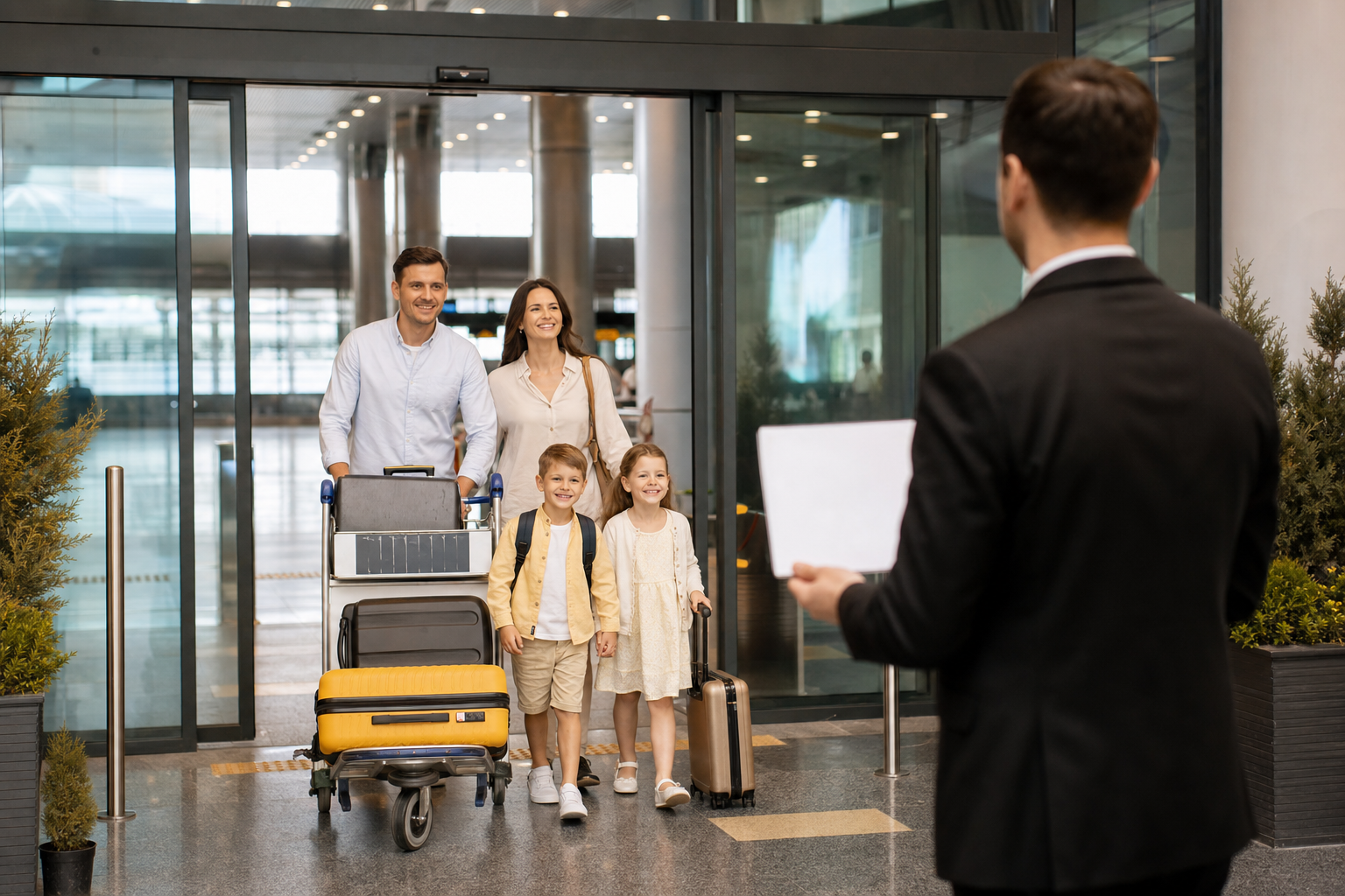 Wide shot of Antalya Airport international arrivals hall — a family with luggage cart emerging through sliding doors, a chauffeur in the foreground holding a name board, bright modern terminal interior.