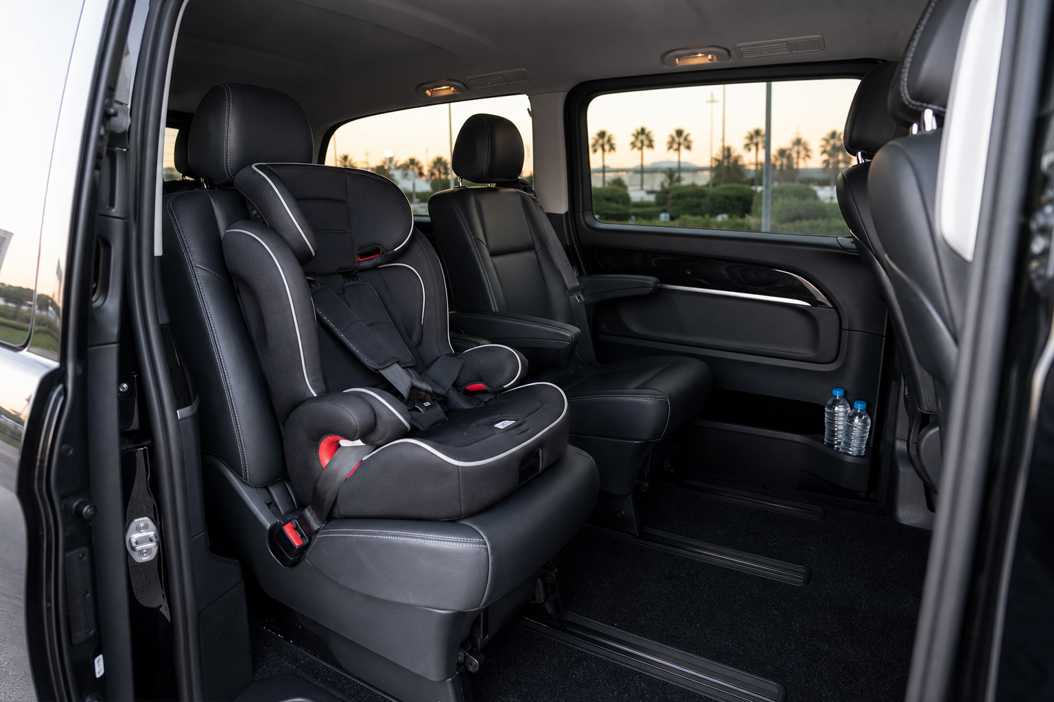 Interior of a clean Mercedes Vito cabin — leather seats, a visible child seat installed in the second row, bottled water in the door pocket; shot from the open sliding door angle.