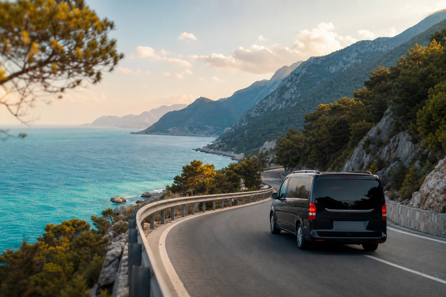Scenic coastal highway curving along the Mediterranean toward Kemer/Kaş — turquoise sea on one side, pine-covered mountains on the other, a van on the road.