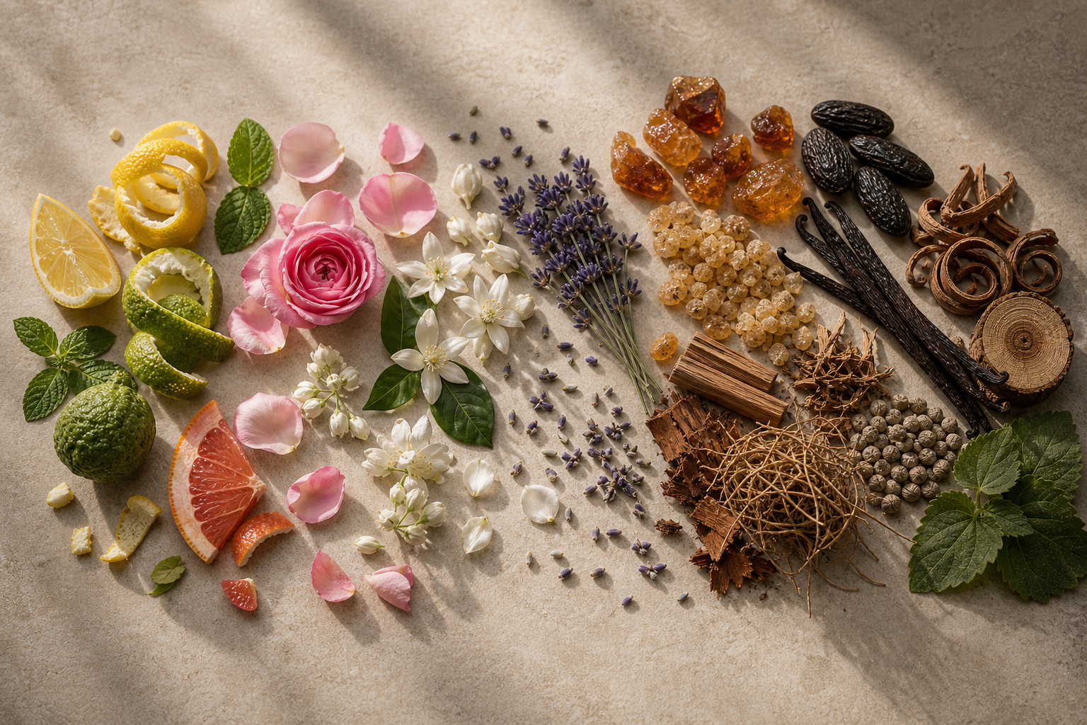 Ingredient progression from citrus and mint through florals to amber resin, vanilla, woods, vetiver and patchouli showing why fragrance fades and settles