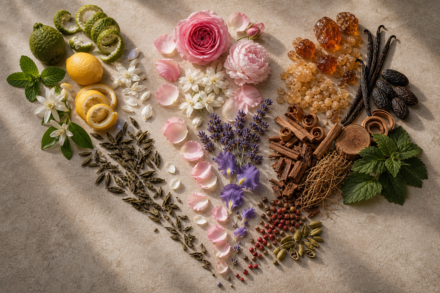 Three ingredient paths of fresh citrus herbs, romantic florals and deeper amber woods representing step-by-step signature scent choices