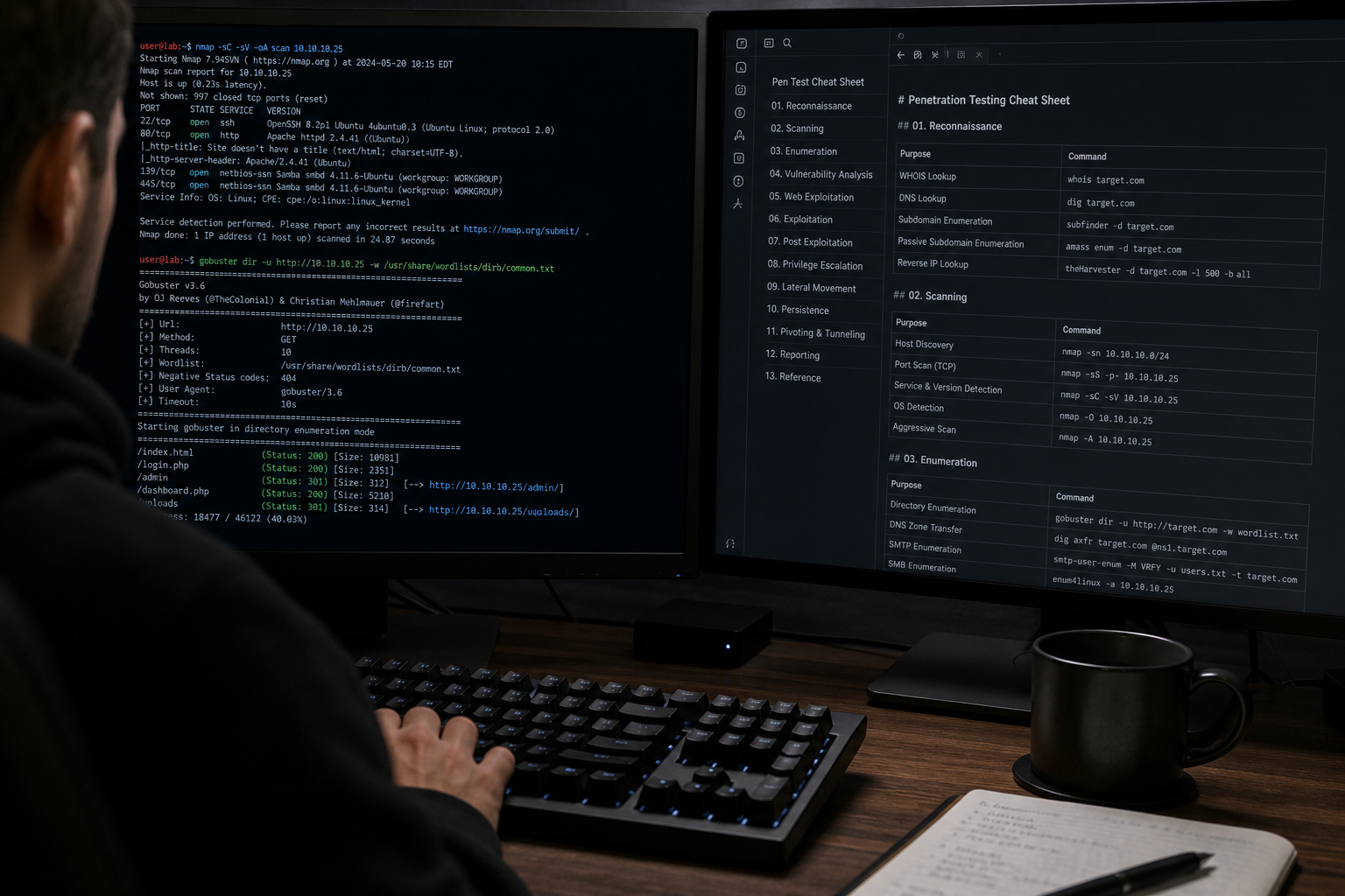 Close-up over-the-shoulder shot of a practitioner's dual-monitor setup — left screen a dark terminal with a live command prompt and colored output, right screen a note-taking app (Obsidian/markdown) with a categorized command list visible. Low ambien