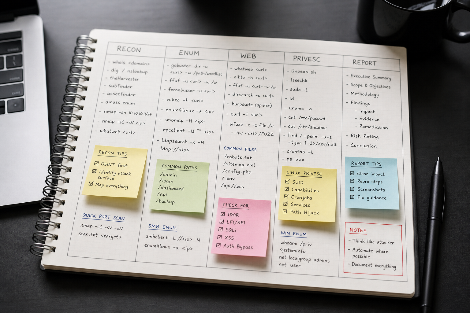 A whiteboard or hand-annotated notebook page showing a tester's personal cheat-sheet categories — headers like "RECON / ENUM / WEB / PRIVESC / REPORT" with scribbled commands beneath, sticky notes attached. Conveys the "build your own&