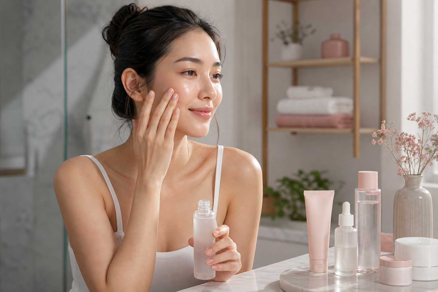 A woman with a fresh, dewy, healthy complexion at a bright bathroom vanity, mid-routine, patting an essence onto her cheek with fingertips; soft natural morning light, clean minimal shelf with a few Korean-style skincare bottles. Angle: three-quarter