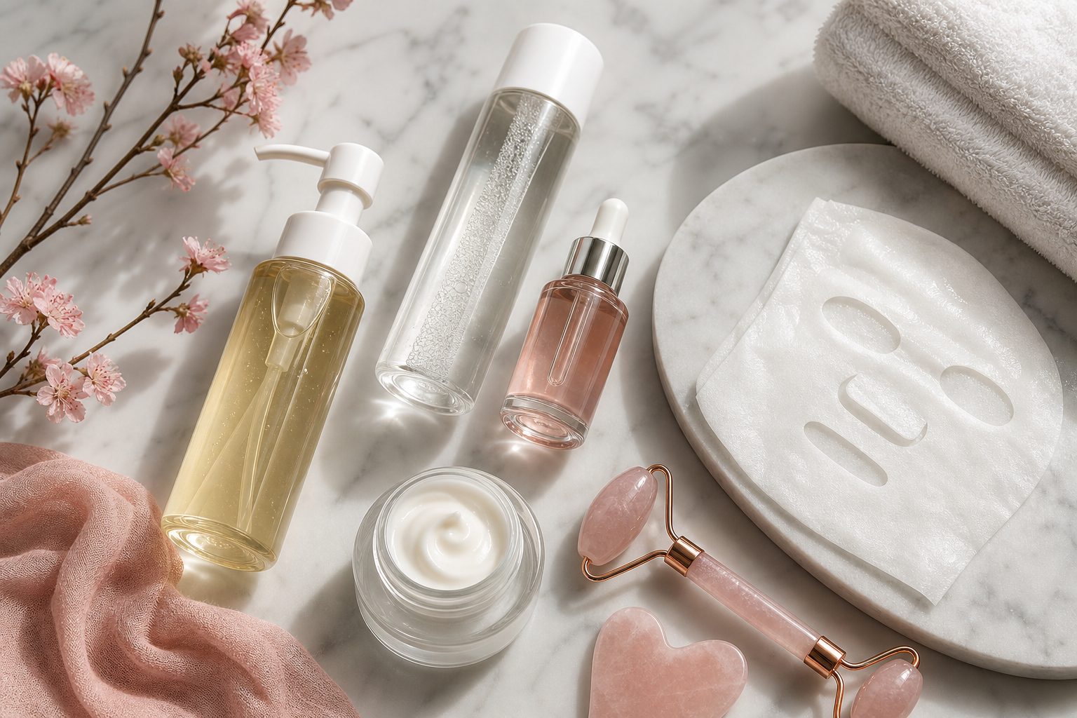 Overhead flat-lay of layered Korean skincare products (yağ bazlı temizleyici, esans, serum ampulü, sheet mask, nemlendirici) neatly arranged on a clean marble or light surface with a folded towel.