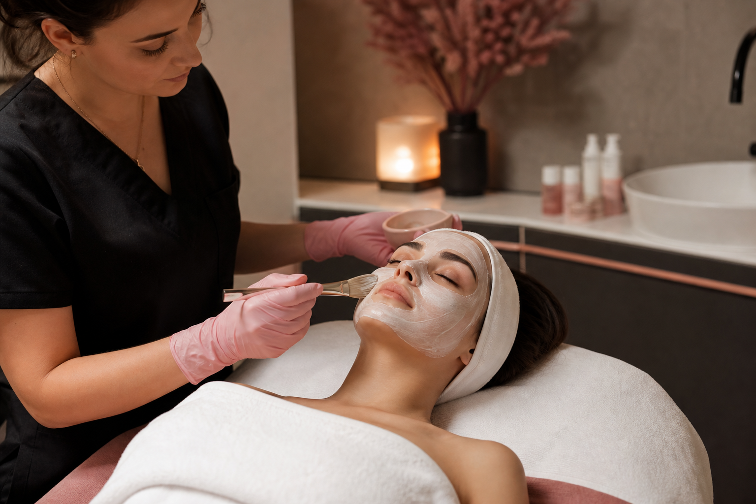 A professional facial treatment in progress — esthetician in gloves applying a mask or performing gentle skin care on a relaxed client, clean clinical-yet-calming spa setting with warm lighting.