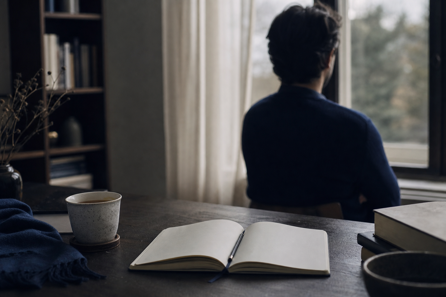 A quiet, atmospheric scene suggesting withdrawal and avoidance — untouched work or an open notebook on a desk in dim light, a cooling cup of tea, a person half-turned toward a window rather than the task. Non-clinical, muted, contemplative — not stag