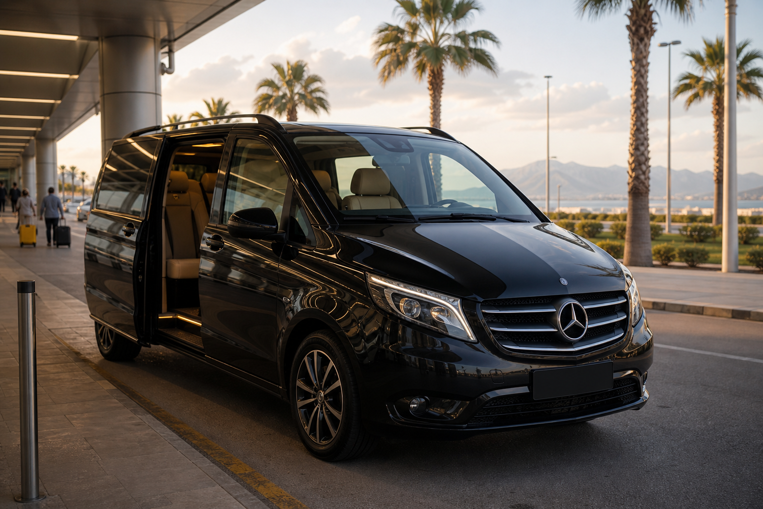 A luxury Mercedes Vito parked outside Antalya Airport arrivals with palm trees and Turkish coastal light in the background; low three-quarter front angle showing the vehicle badge and clean interior through the window.