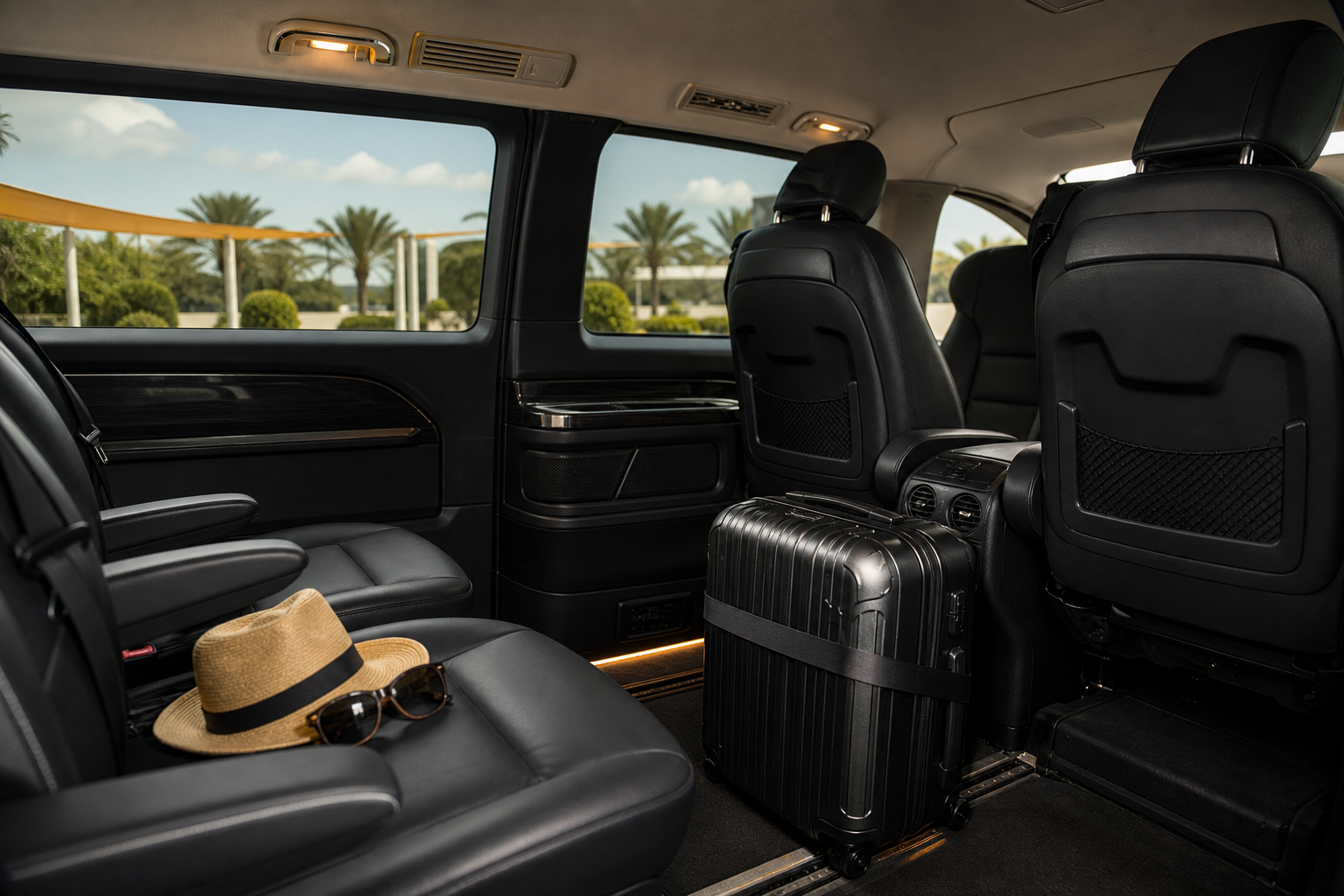 Interior of a luxury Mercedes Vito from the rear-passenger perspective — leather seats, a suitcase secured, natural daylight through tinted windows, conveying space vs. cramped alternatives.