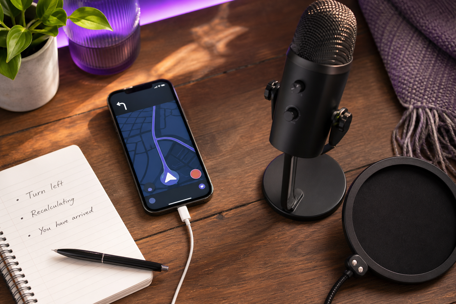 Overhead flat-lay on a wooden desk — a smartphone displaying a Waze turn-by-turn navigation screen, a USB condenser microphone on a small stand, a pop filter, and a handwritten notepad listing navigation phrases ("Turn left," "Recalcul
