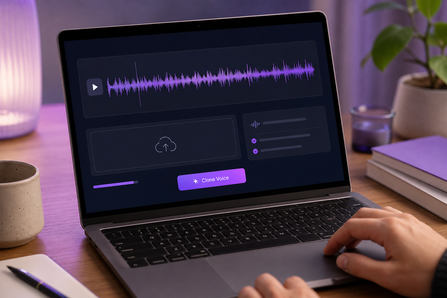 Close-up of a laptop screen showing a voice-cloning upload interface with an audio waveform displayed and a "Clone Voice" button, hands resting near the trackpad, soft desk lighting.