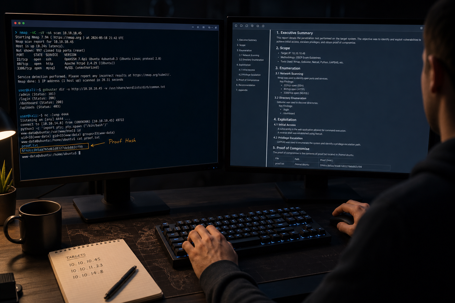 Overhead shot of a dual-monitor pentester workstation at night — one screen shows an annotated terminal with a proof.txt hash visible, the second shows a structured report document open in an editor. Dark room, blue monitor glow, coffee mug, mechanic