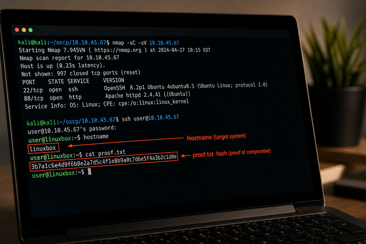 Close-up screen capture (sample/redacted) of an annotated terminal proof screenshot — hostname and proof.txt hash clearly visible, target IP shown in the prompt, with a callout arrow highlighting the hostname. Clean, high-contrast, unmistakably reada