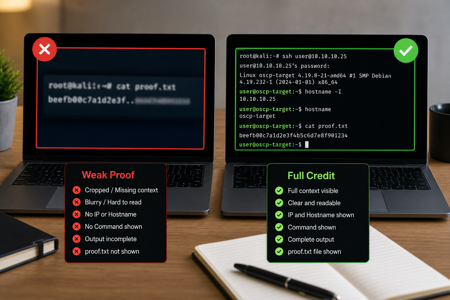 Side-by-side comparison graphic (sample/redacted): LEFT panel labeled 'Weak Proof' — cropped, blurry screenshot missing hostname; RIGHT panel labeled 'Full Credit' — sharp screenshot with IP, hostname, command, output, and proof.txt all visible. Clea