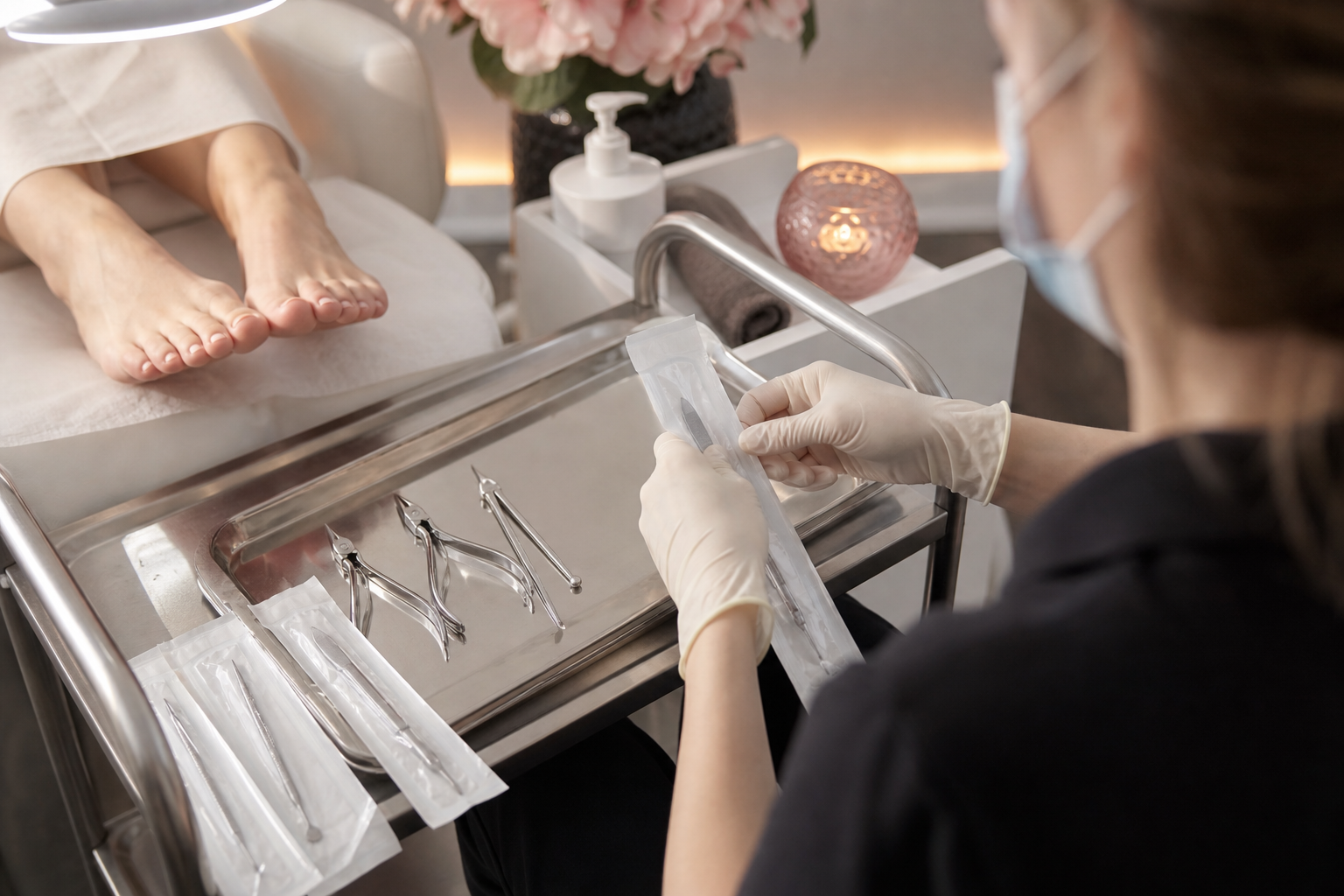 A clean, clinical medikal ayak bakımı treatment station — a sterile stainless instrument tray, single-use packaged tools, gloved specialist hands mid-preparation, soft spa lighting. Trust signal, not graphic. Angle: over-the-shoulder toward the tray.