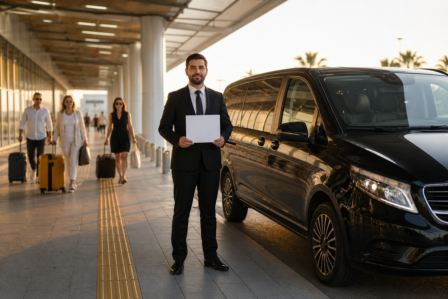 Wide shot of a chauffeur in a dark suit holding a name sign beside a black Mercedes Vito at the Antalya Airport arrivals curb, travelers with suitcases in soft focus behind him, warm afternoon light.