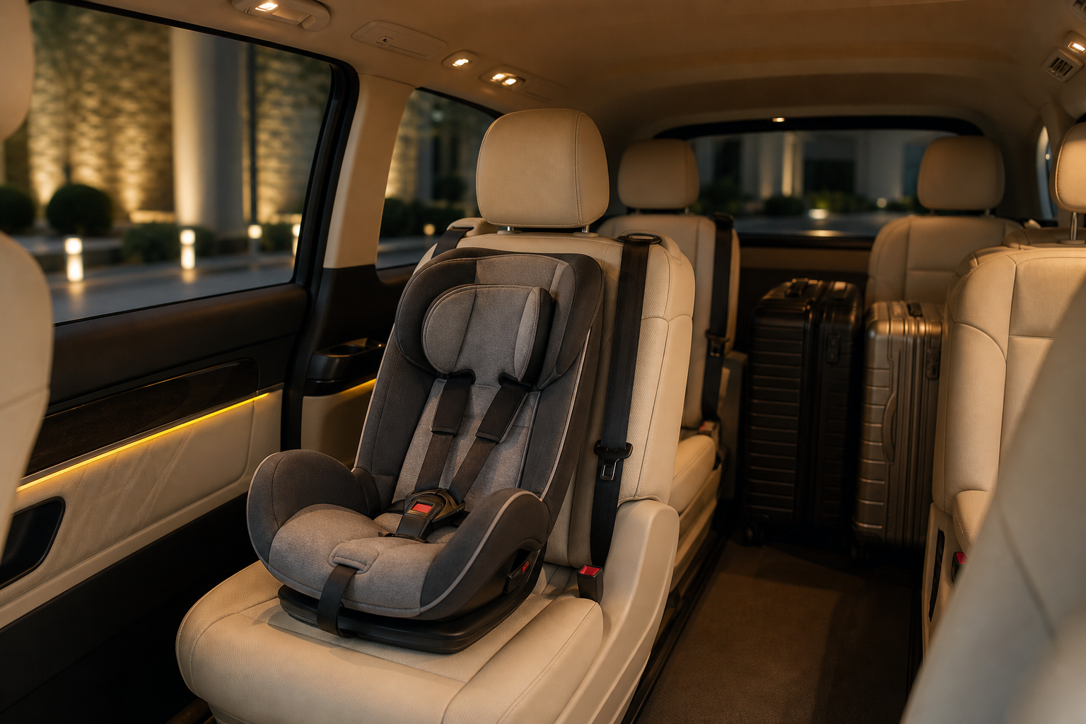 Interior of a Mercedes Vito cabin — cream leather seats, a forward-facing child seat installed and buckled on the second row, spacious rear luggage area with two large suitcases, soft cabin lighting.