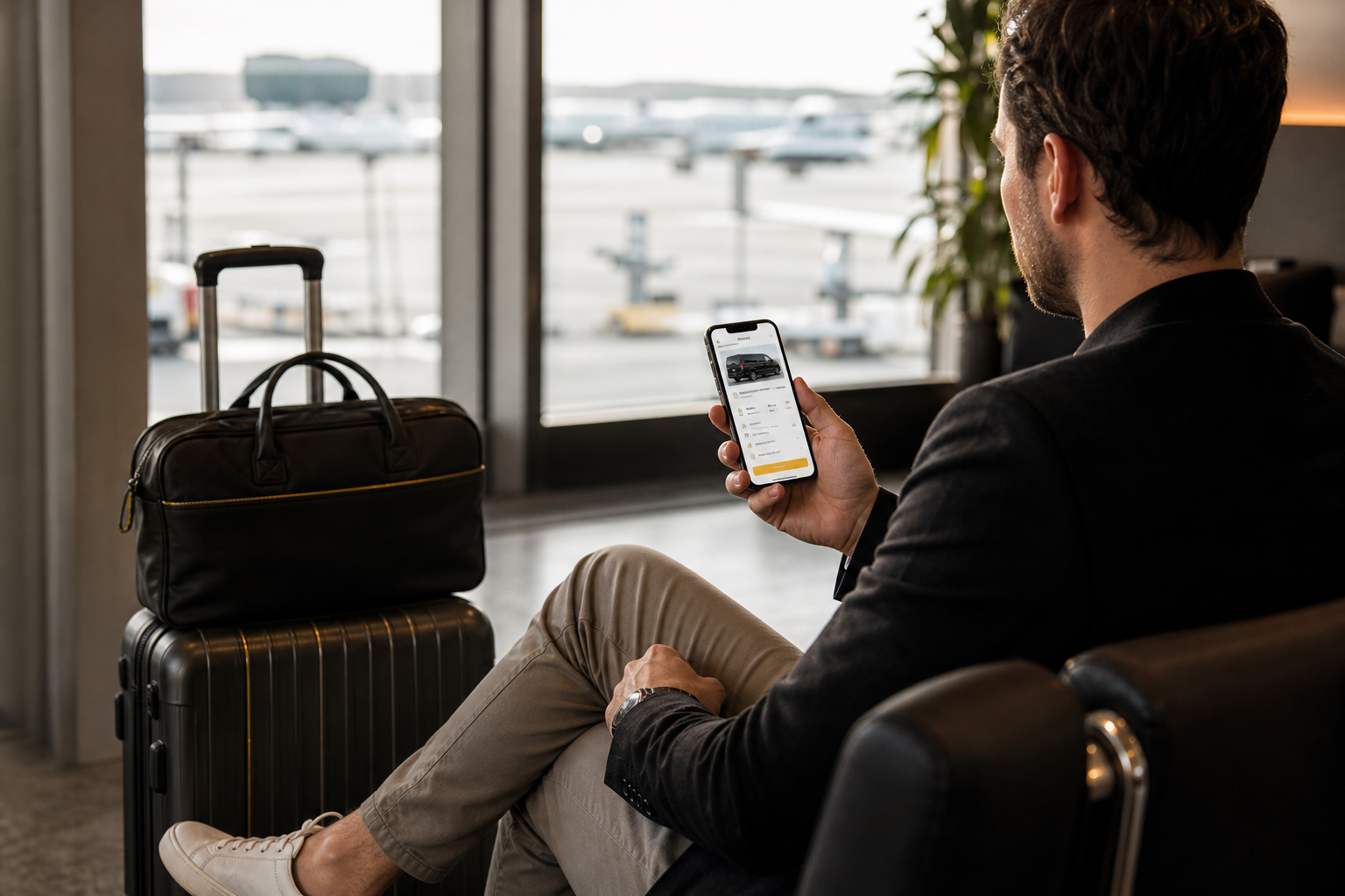 A traveler seated in an airport departure lounge, smartphone in hand showing a transfer booking confirmation screen, a suitcase and cabin bag beside the seat.