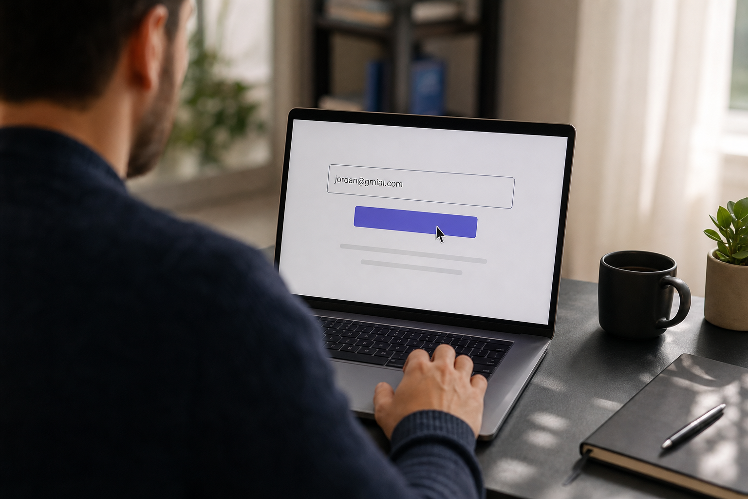 Hero shot — over-the-shoulder view of a person at a laptop signup form, cursor hovering over a "Sign Up" button, an email field visibly containing a subtly misspelled address like jordan@gmial.com. Warm, natural office lighting, shallow dep