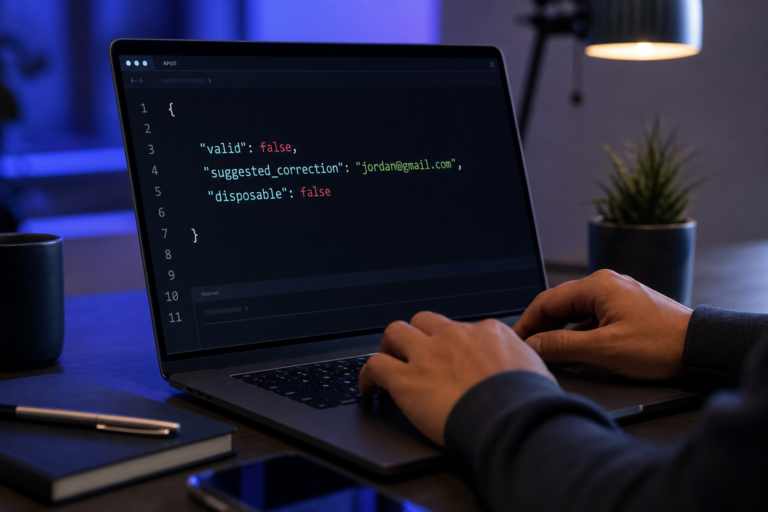 Developer workspace — a code editor / API client screen displaying a JSON response with visible fields "valid": false, "suggested_correction": "jordan@gmail.com", "disposable": false. Dark IDE theme, monospace