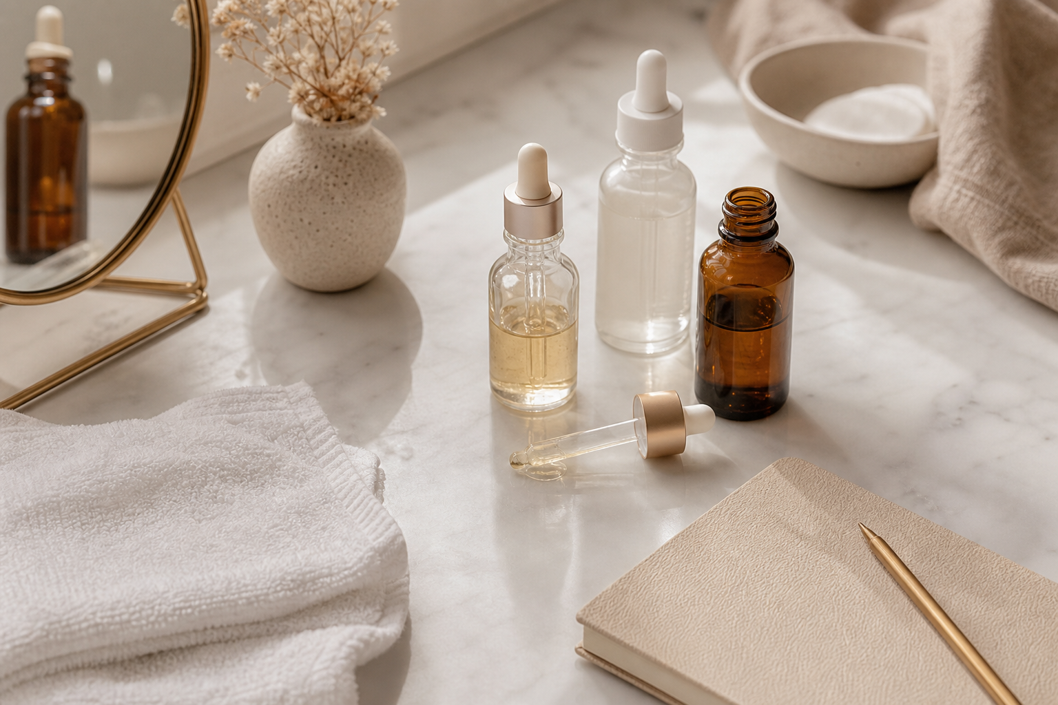 A clean, softly lit vanity or clinical countertop with a few unbranded serum bottles and a dropper, a folded white towel, and a small notebook — shot from a slight overhead angle, warm neutral tones, no visible logos. Conveys "serious, considere
