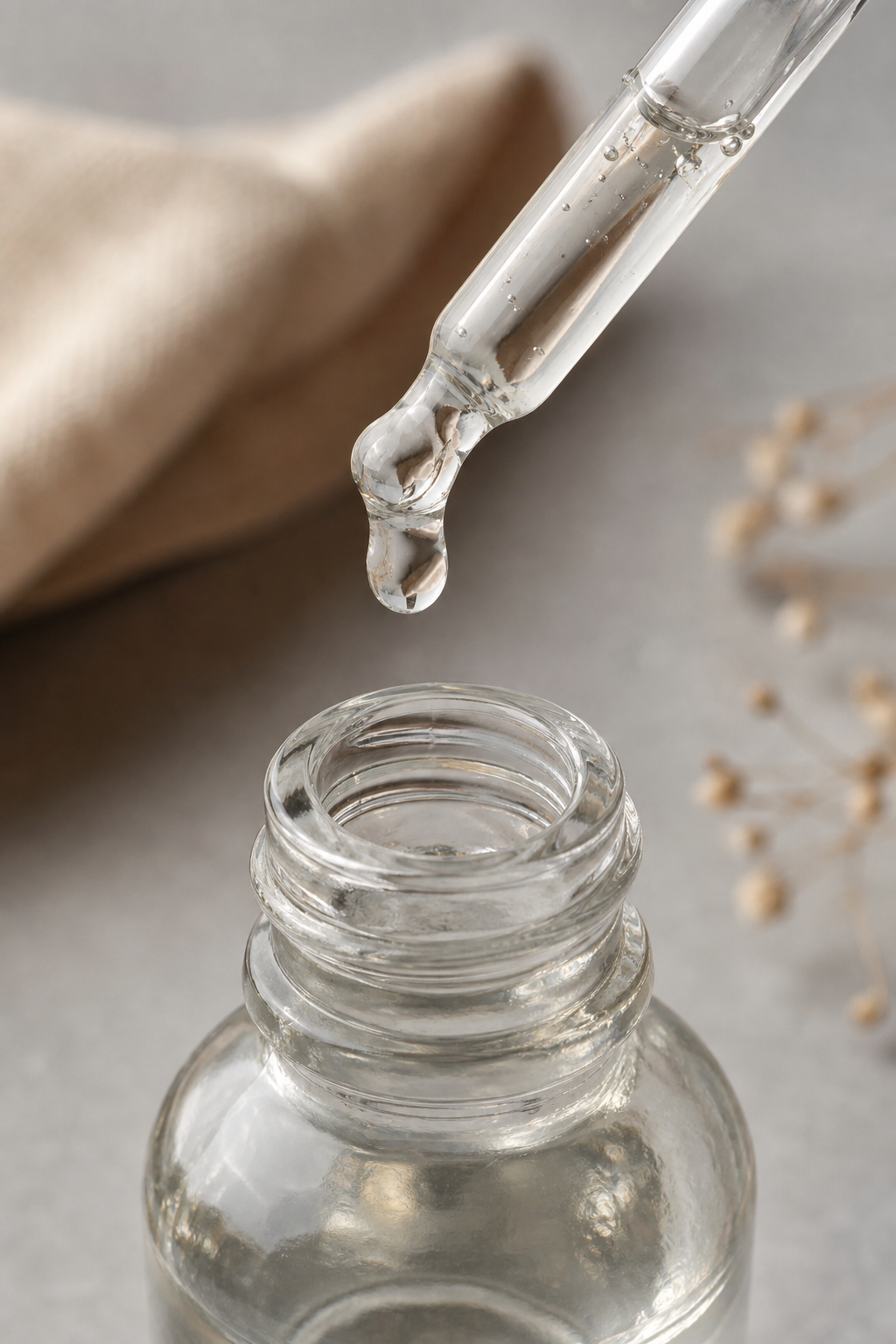 Extreme close-up of a serum dropper suspended above a bottle mouth, one bead of viscous serum forming, on a matte clinical-grey surface. Emphasize texture and precision.