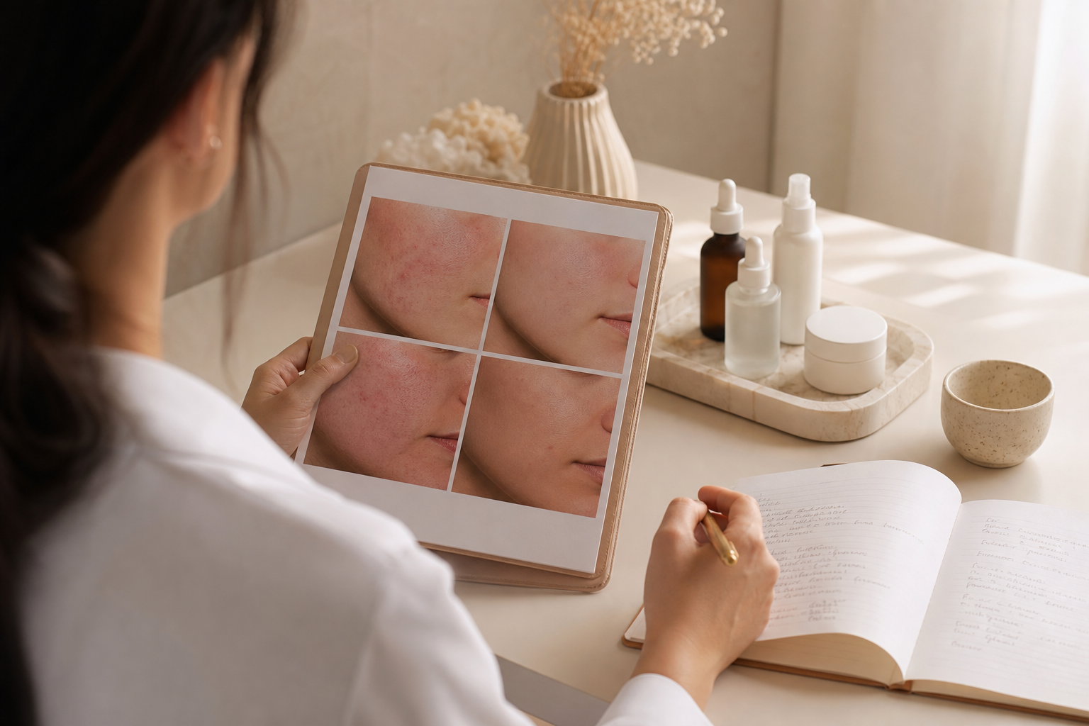 Over-the-shoulder view of a practitioner reviewing a tablet or printed sheet of client skin photos beside handwritten notes and a small set of unbranded products — soft, warm lighting, suggesting monitored, personalized care. No identifiable faces.