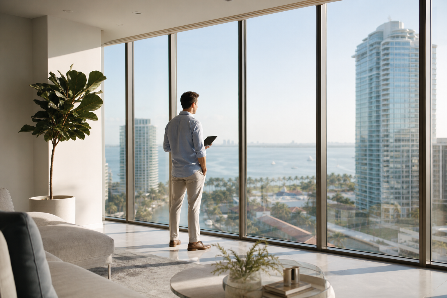 A prospective buyer standing at a floor-to-ceiling window inside a bright modern condo unit, tablet in hand, city or coastal view beyond the glass — conveys "mid-decision, evaluating." Warm natural light, mid-morning angle.
