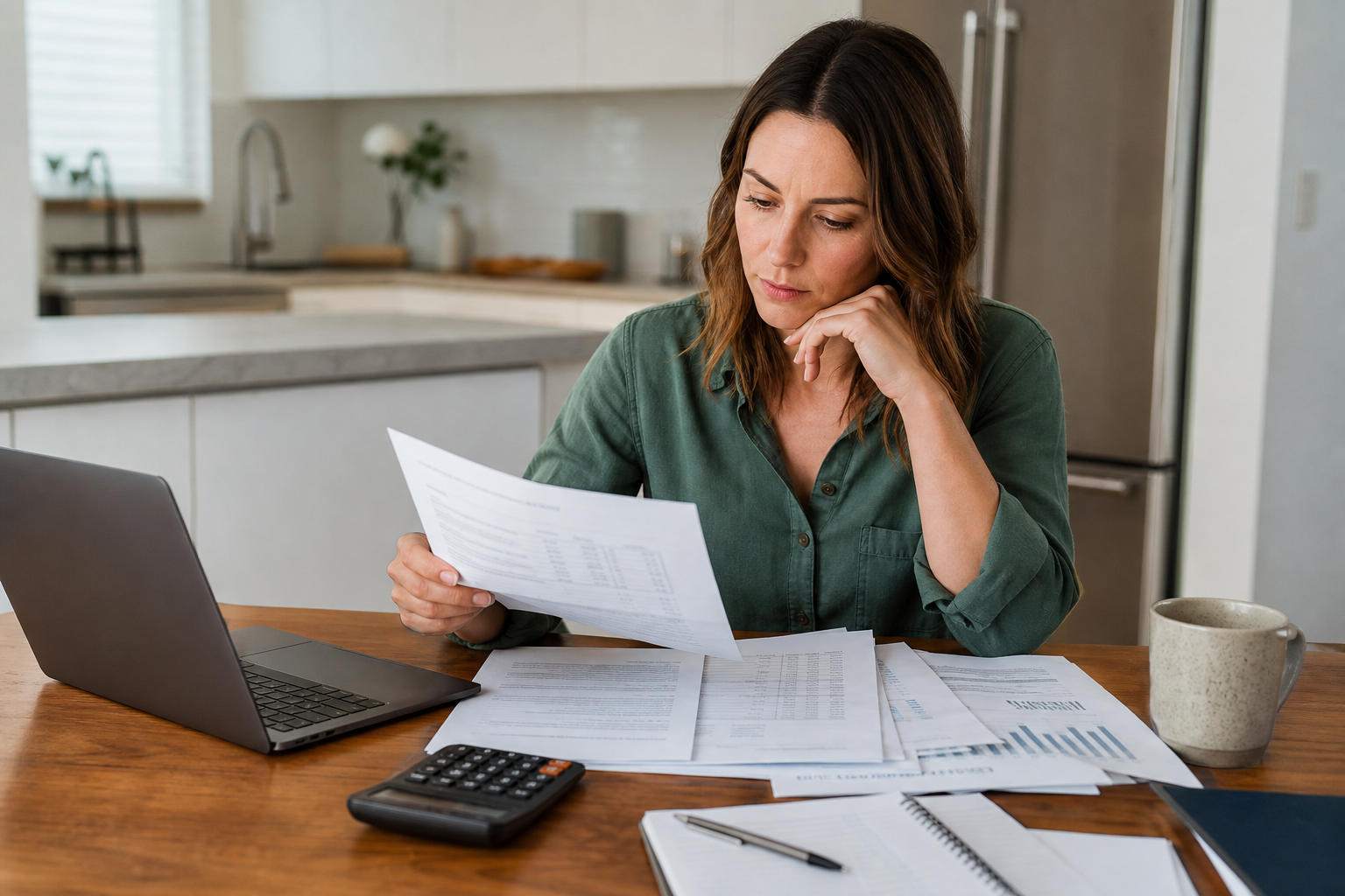 A buyer seated at a kitchen table reviewing printed HOA budget and fee statements, calculator and laptop nearby, coffee cup — realistic, unstaged home setting, papers slightly spread.