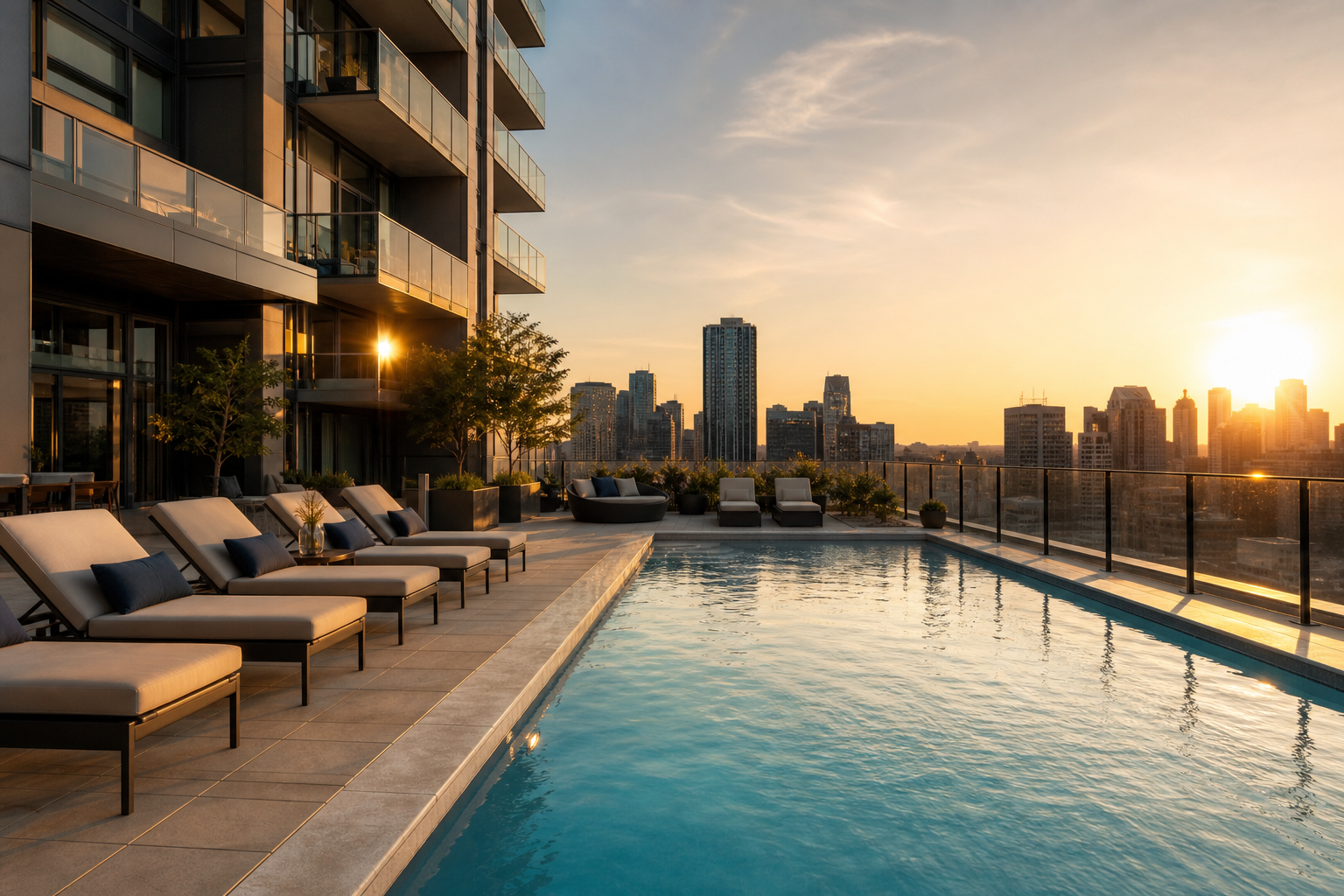 Exterior/lifestyle shot of a desirable established condo building with a shared amenity in frame — rooftop pool deck or landscaped courtyard at golden hour, conveying "the amenities you'll pay for monthly."