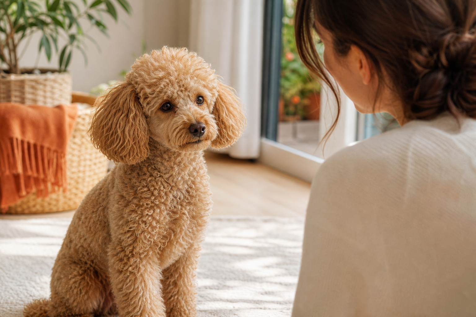 Bakımlı ama doğal tüylü bir poodle, aydınlık bir Türk evi ya da balkonunda tetikte oturmuş, bir insanla göz teması kuruyor — sıcak, samimi, gösteri havası olmayan; orta açı, göz hizası. Zekâ ve arkadaşlık hissi veren kare.