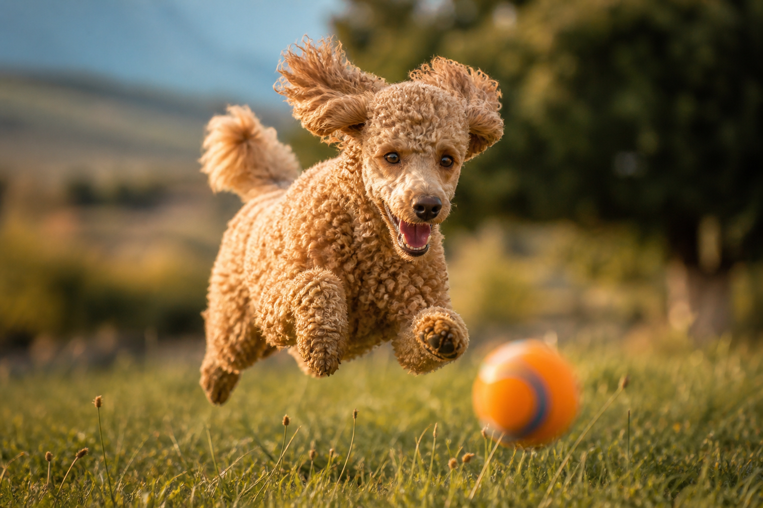 Bir poodle'ın açık havada oyun ya da getirme anında dinamik hareket karesi — zıplarken, su ya da çayırda koşarken; atletizmi gösteren, "narin süs köpeği" klişesini bilinçli olarak çürüten hareketli bir açı.