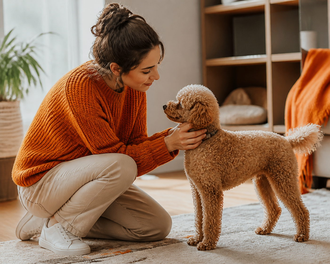Bir kişinin sahiplenme öncesi bir poodle'ı tanımak/değerlendirmek için diz çökmüş, köpeği nazikçe selamladığı ve incelediği sıcak bir sahne; doğal iç mekân ışığı, bir değerlendirme ve bağ kurma anı.