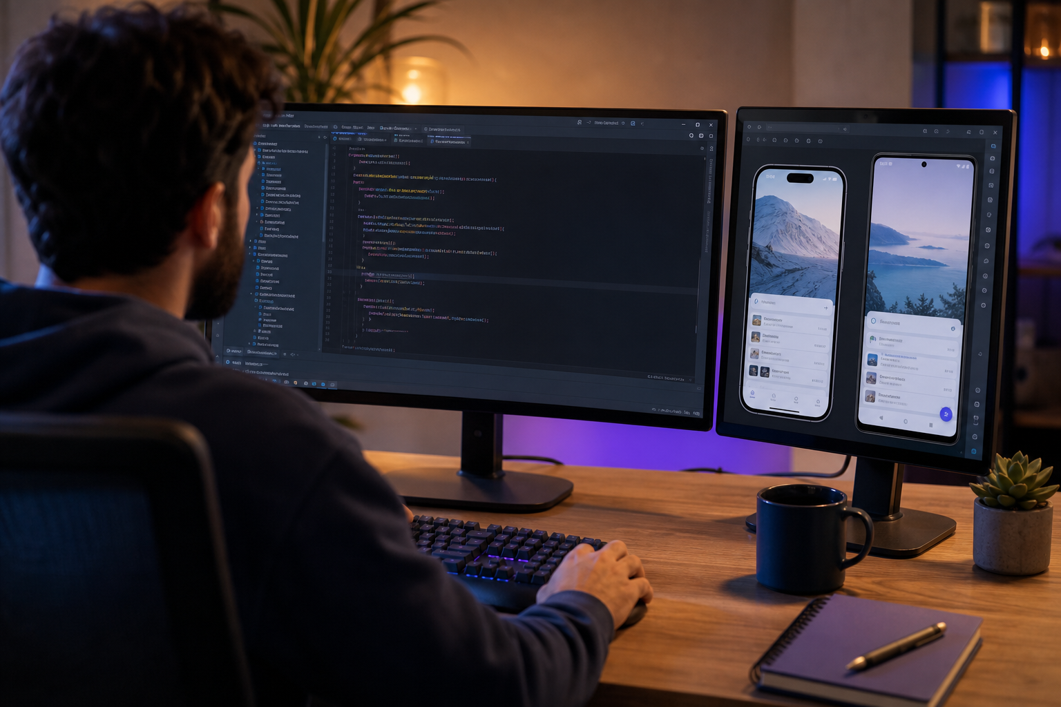 Over-the-shoulder shot of a developer at a desk with two monitors — one running Android Studio with Kotlin code visible, the other showing an iOS simulator and Android emulator side by side. Warm ambient lighting, slightly shallow depth of field. Anc