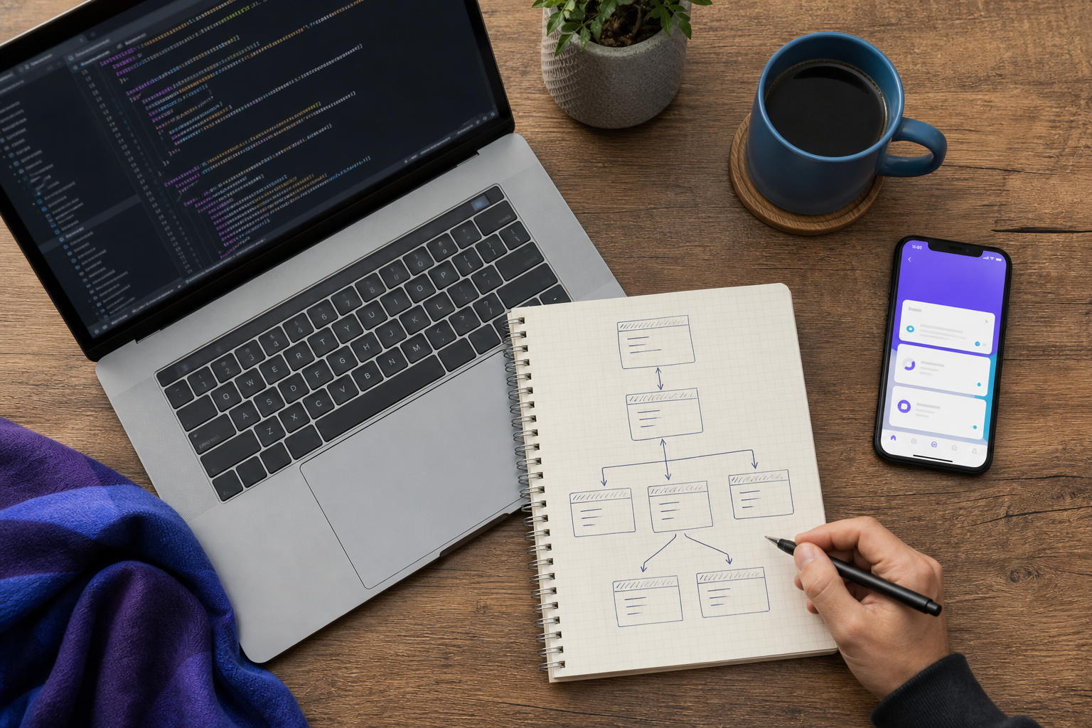 Flat-lay on a wooden desk — an open laptop showing Kotlin code, a smartphone displaying a running app, a paper notebook with a hand-sketched object-graph diagram (boxes and arrows), a coffee mug. Top-down angle, natural light. Reinforces the practica