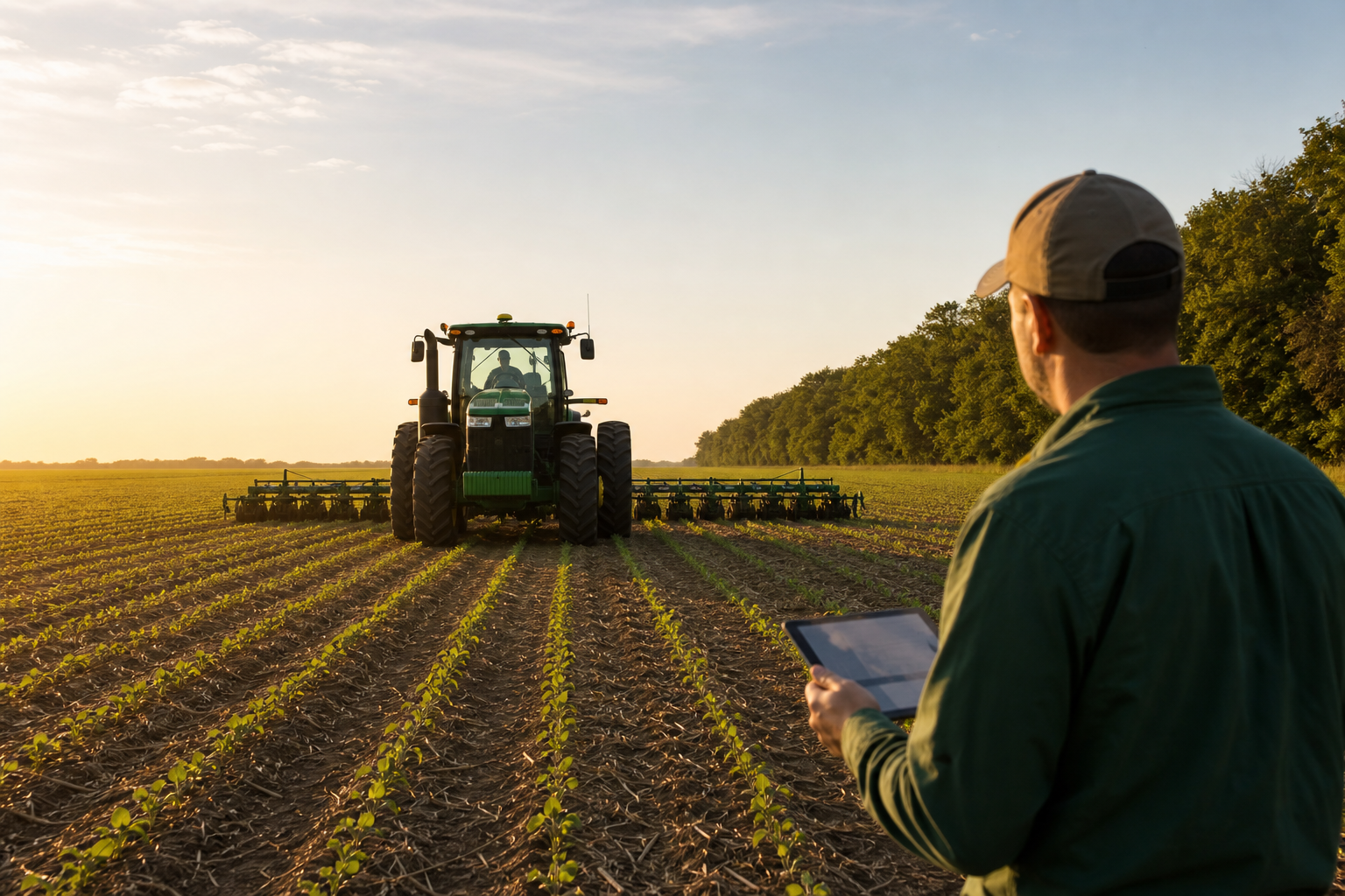 A modern tractor mid-field driving a straight parallel pass at golden hour, GPS antenna visible on the cab roof, an open sky above with a distant tree line on one edge — composed to hint at both clear sky and a partial obstruction.
