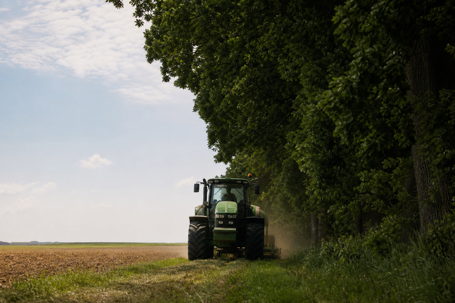 A tractor working a field boundary directly beside a mature, tall tree line, shot from a low angle showing how the canopy cuts into the open sky above the machine — a literal sky-obstruction scenario.