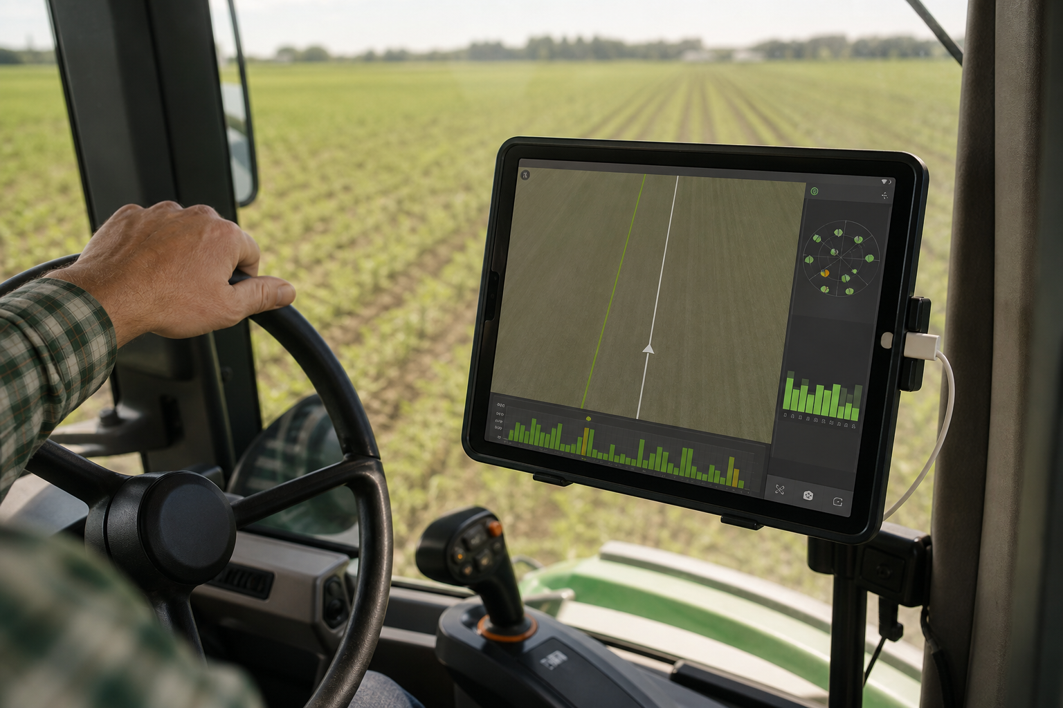An iPad mounted in a tractor cab running the guidance app, screen showing the AB line and a visible satellite/DOP status readout, operator's hand near the wheel, field visible through the windshield.