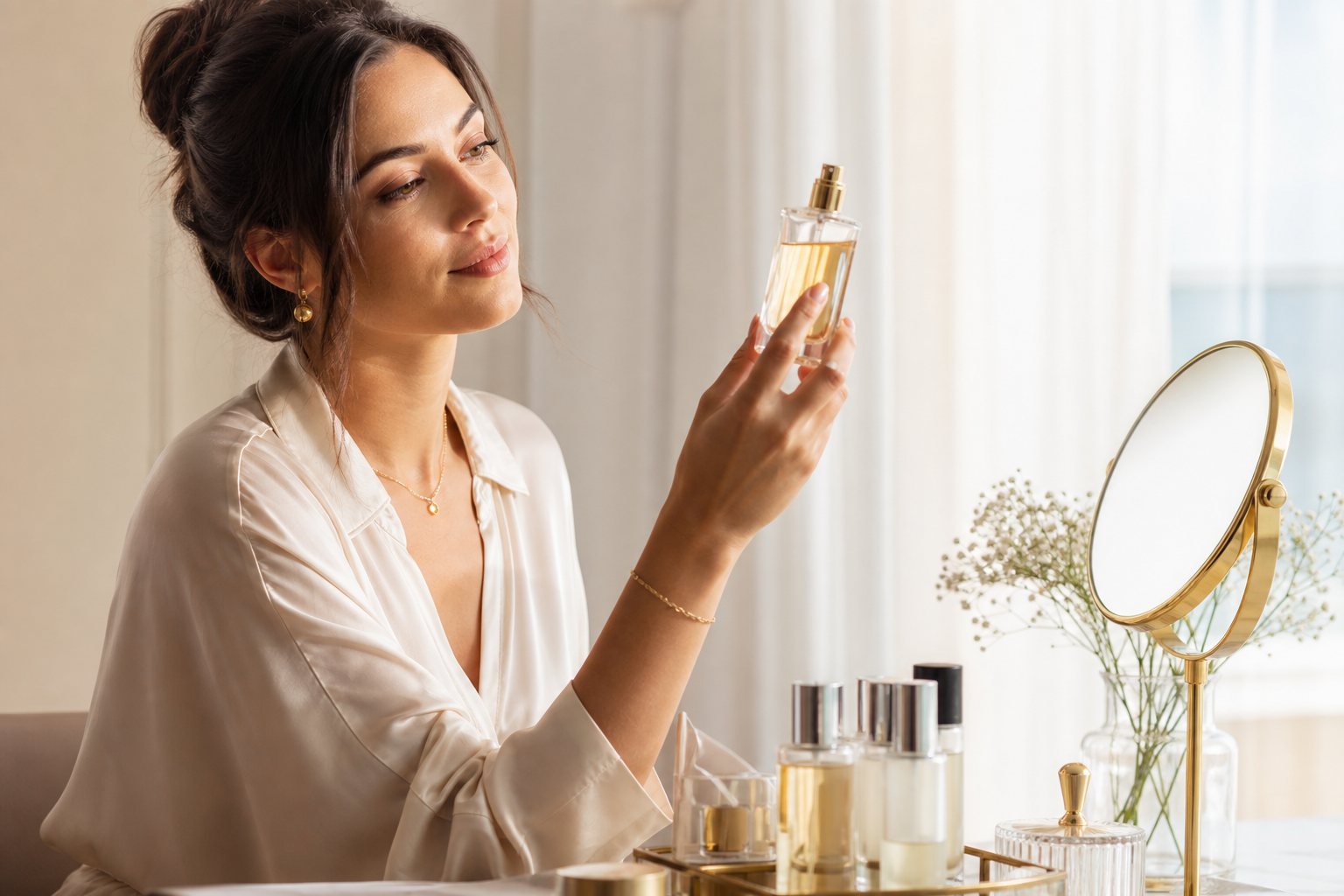 Elegant, warm-lit lifestyle shot of a woman holding an unbranded perfume bottle to the light, examining it thoughtfully at a vanity; soft natural daylight, neutral tones.