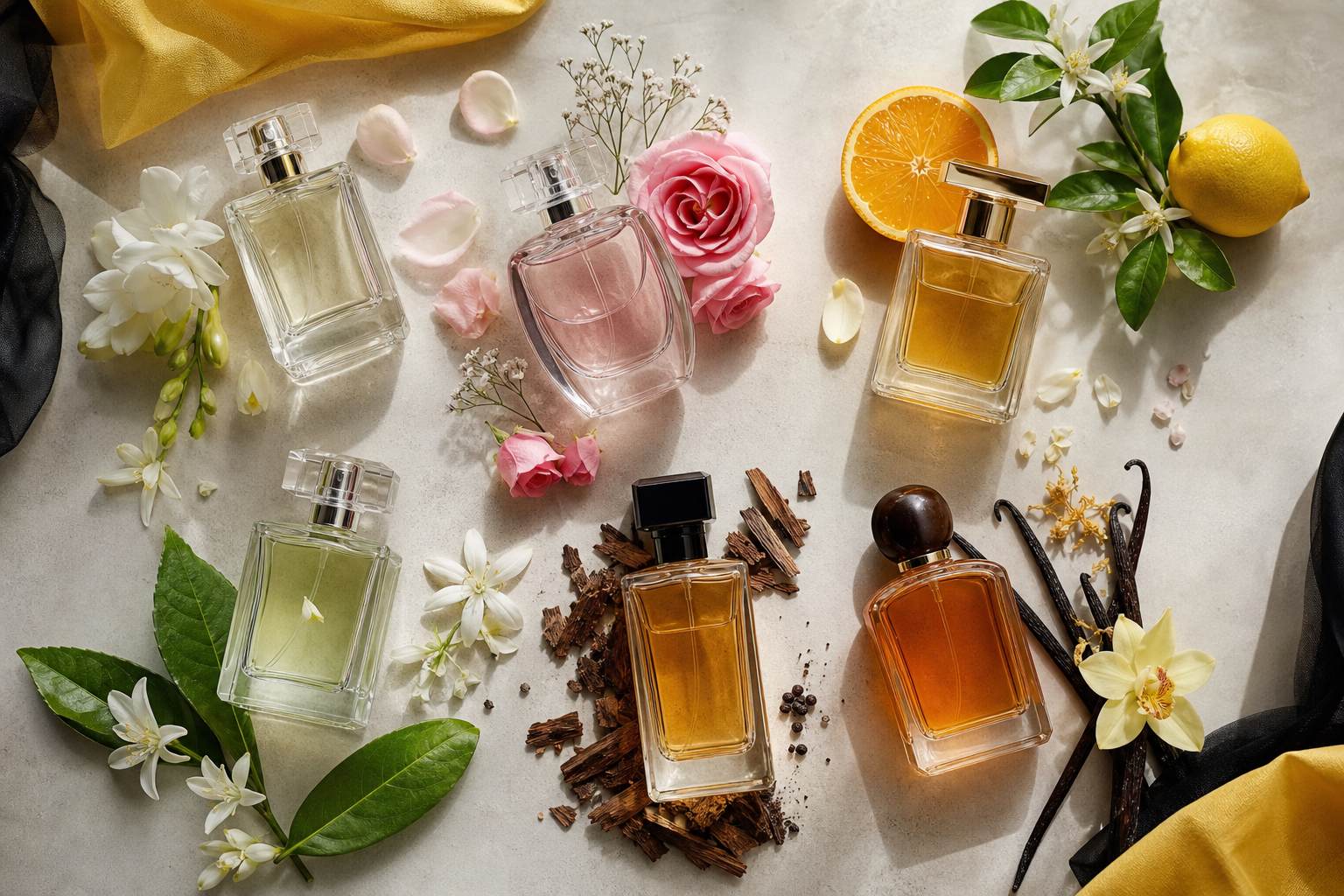 Overhead flat-lay of assorted perfume bottles grouped by scent family, each cluster surrounded by matching botanical props — fresh flowers, citrus slices, wood chips, vanilla pods — on a soft neutral surface.