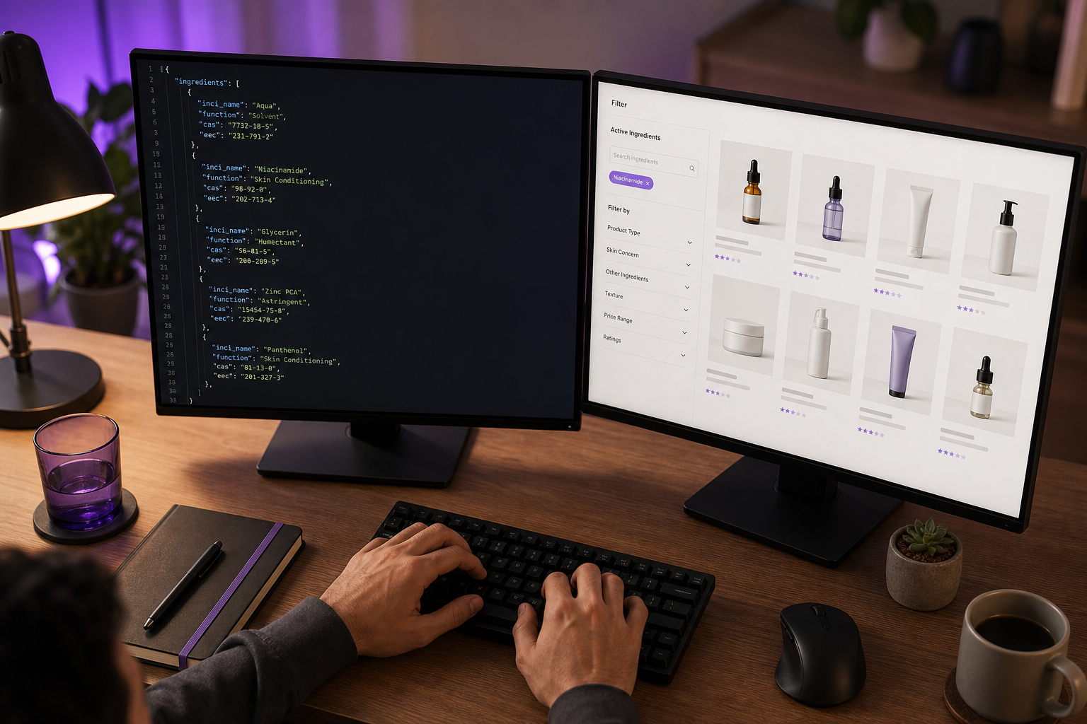Overhead shot of a developer's dual-monitor desk — one screen showing a JSON array of INCI ingredients, the other showing a skincare e-commerce product page with a filter sidebar. Warm, realistic office lighting, slightly angled.