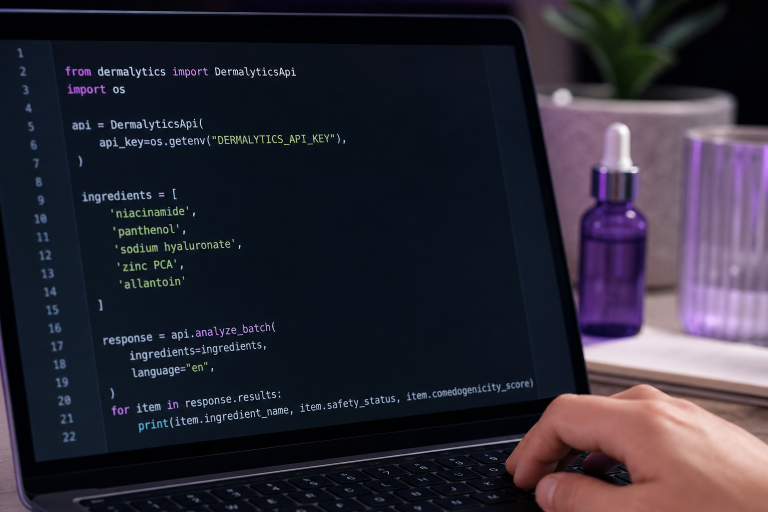 Close-up of a code editor showing a Python SDK snippet calling the batch analyze endpoint with an array of ingredient names; dark theme, syntax highlighting visible, developer's hand near keyboard.