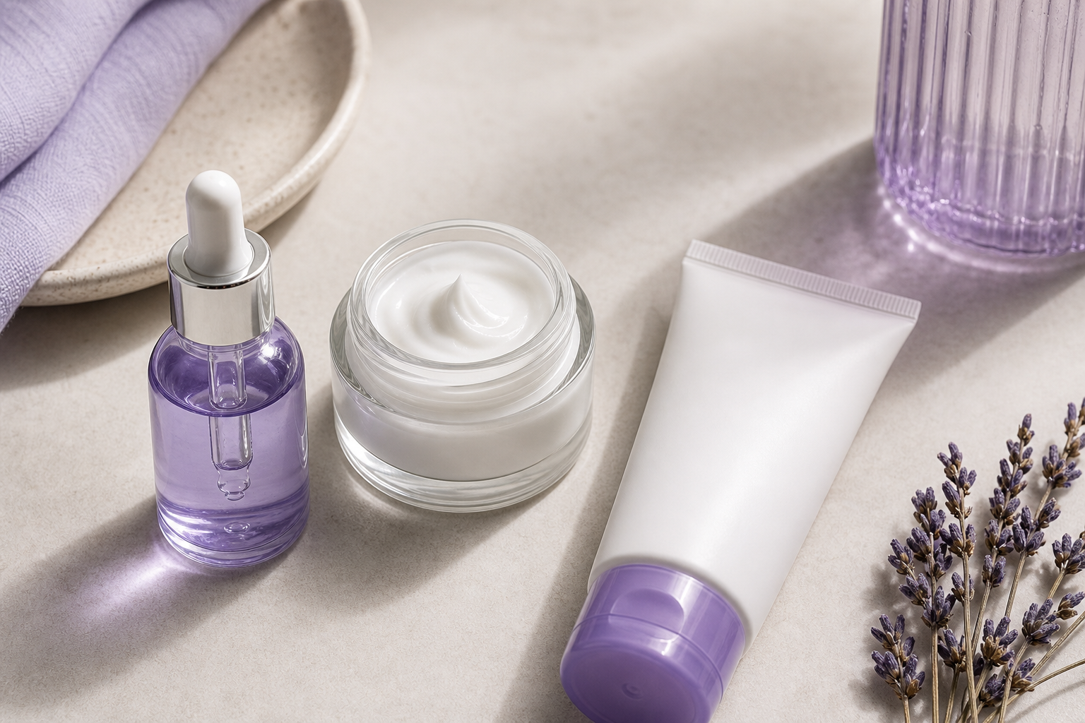 Flat-lay of several skincare products (serum dropper bottle, cream jar, lotion tube) with visible "niacinamide" / "Vitamin B3" on labels, arranged on a clean neutral surface — represents the end-result feature.
